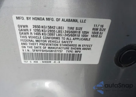 2016 Honda Pilot Exl from USA, damaged, VIN 5FNYF6H54GB127737